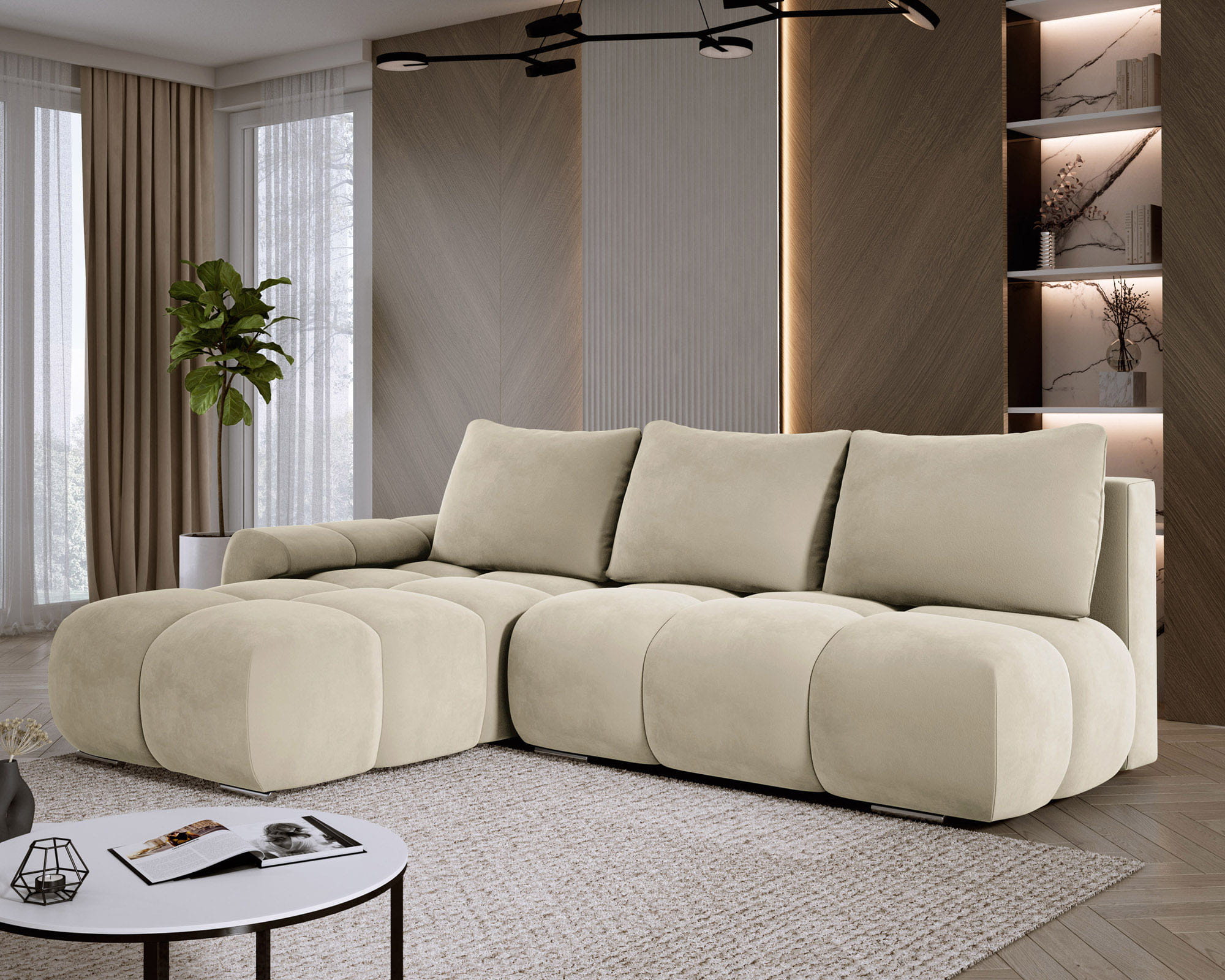 Pikowany narożnik do salonu beżowy welur lewy ALFERIA skos