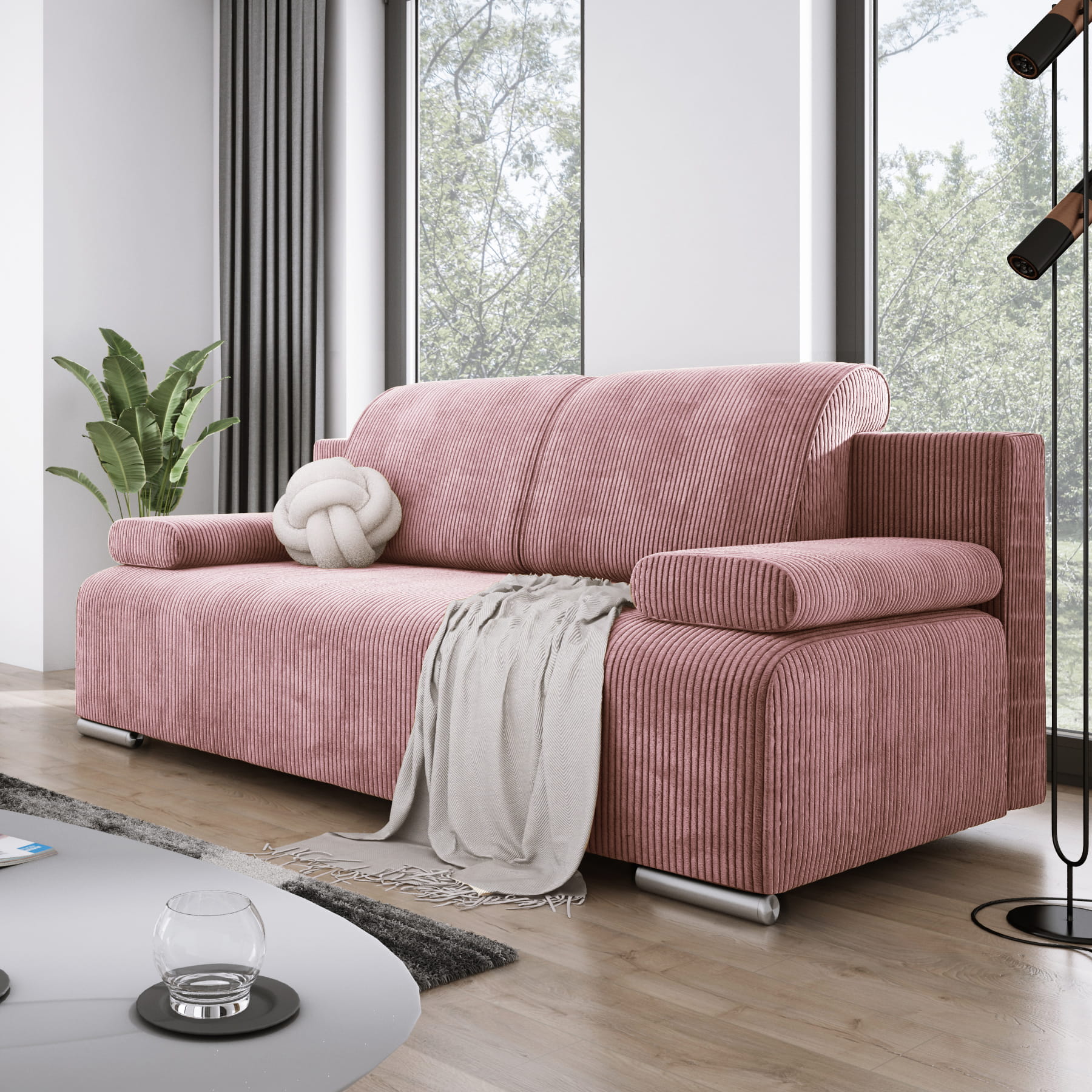 Różowa kanapa do salonu sztruksowa BONA z poduszkami POSO 52 aranżacja