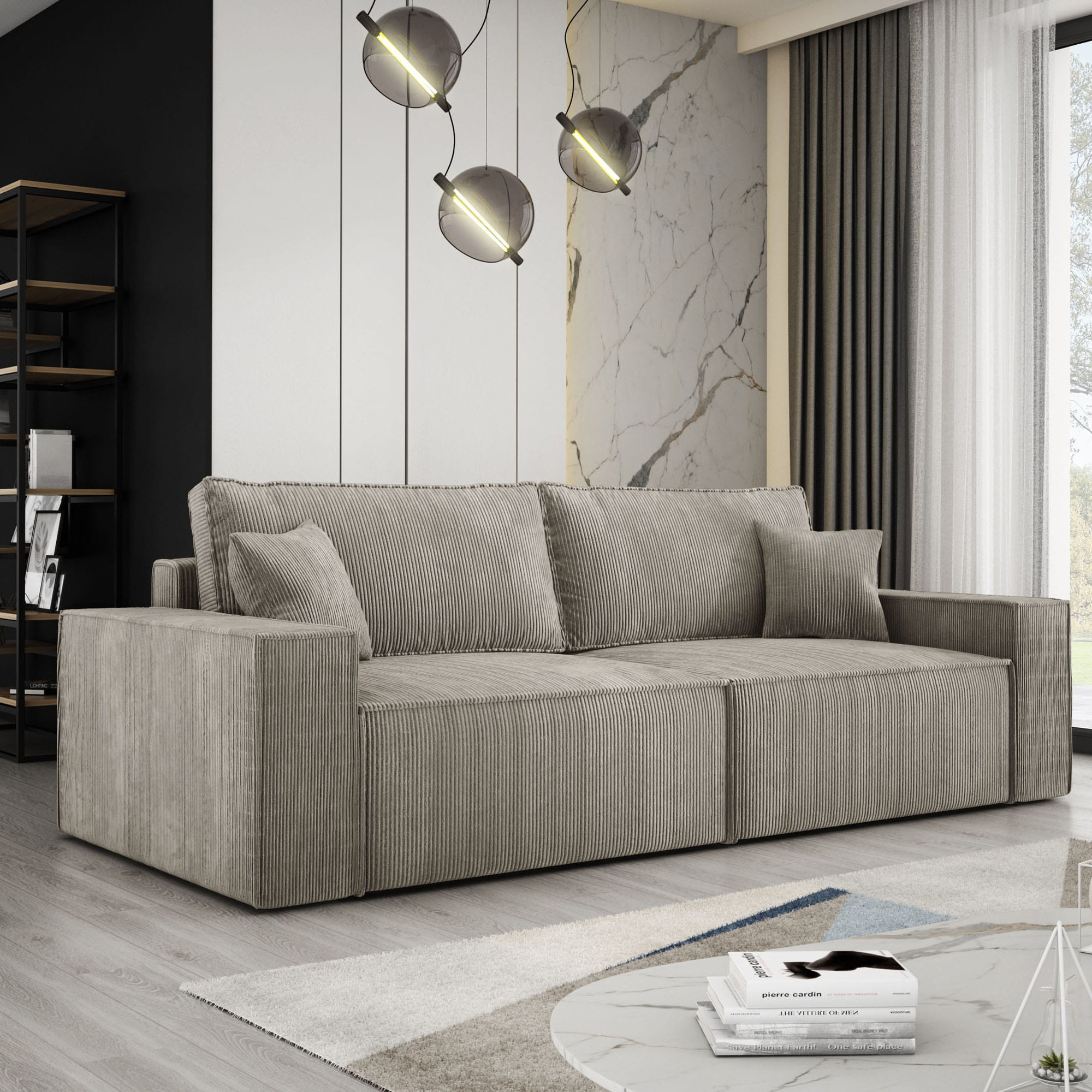 Duża sofa sztruksowa do salonu CORTINA beżowa aranżacja