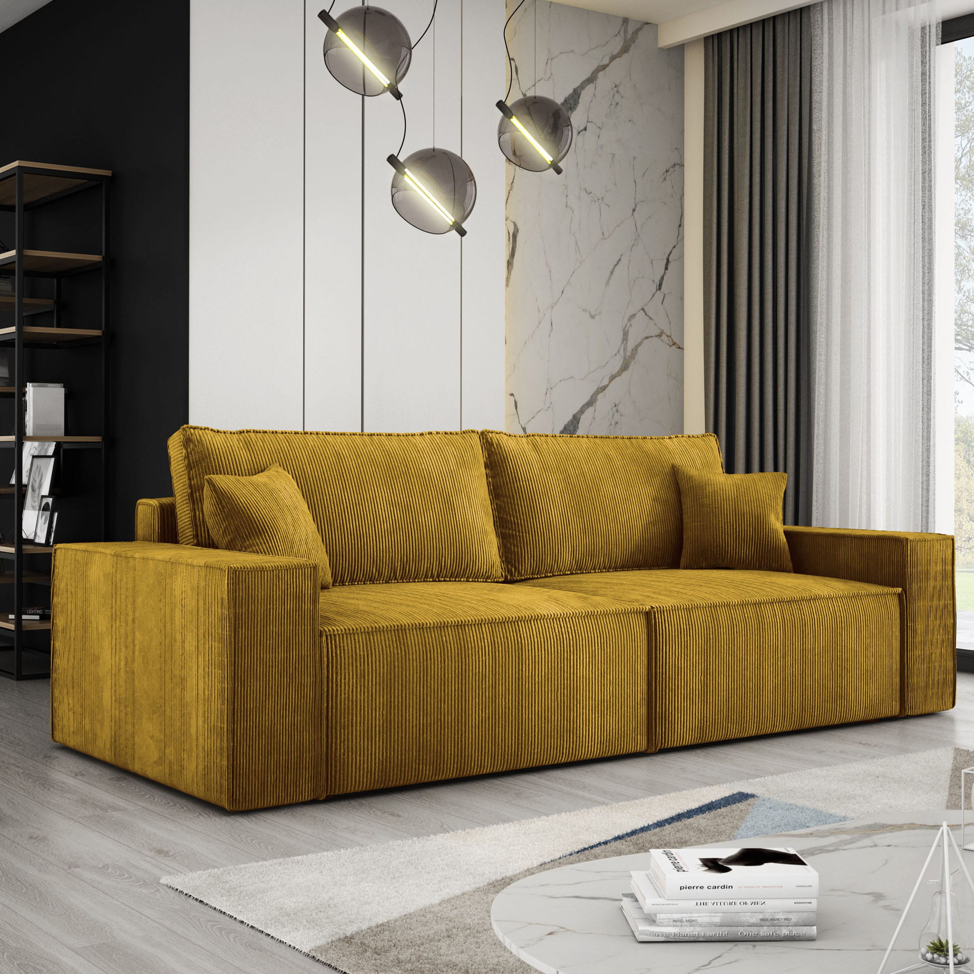 Musztardowa sofa sztruksowa z poduszkami CORTINA  POSO 01 aranżacja