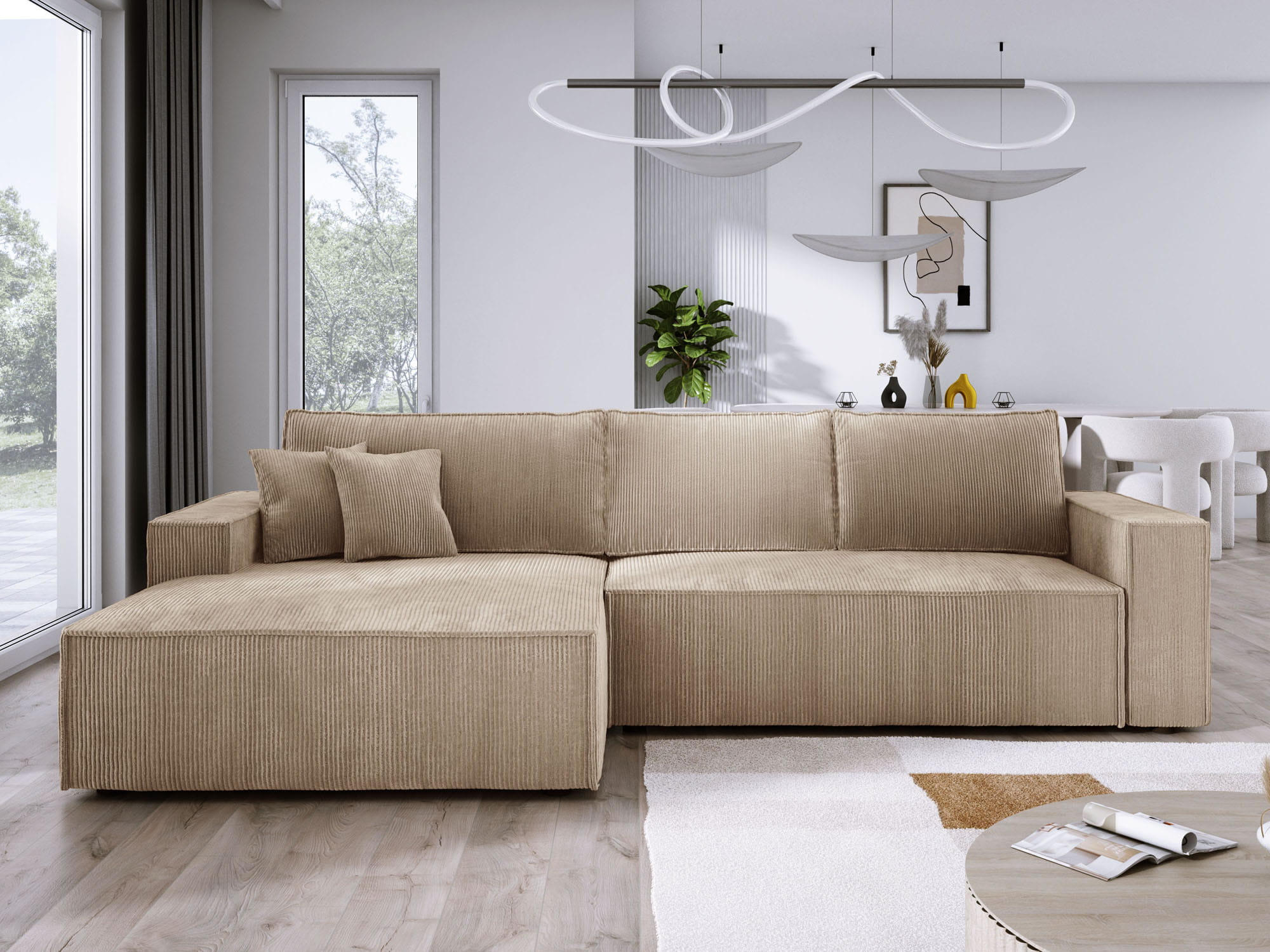 Beżowy narożnik do salonu L-kształtny COBRA S lewy sztruks front aranżacja