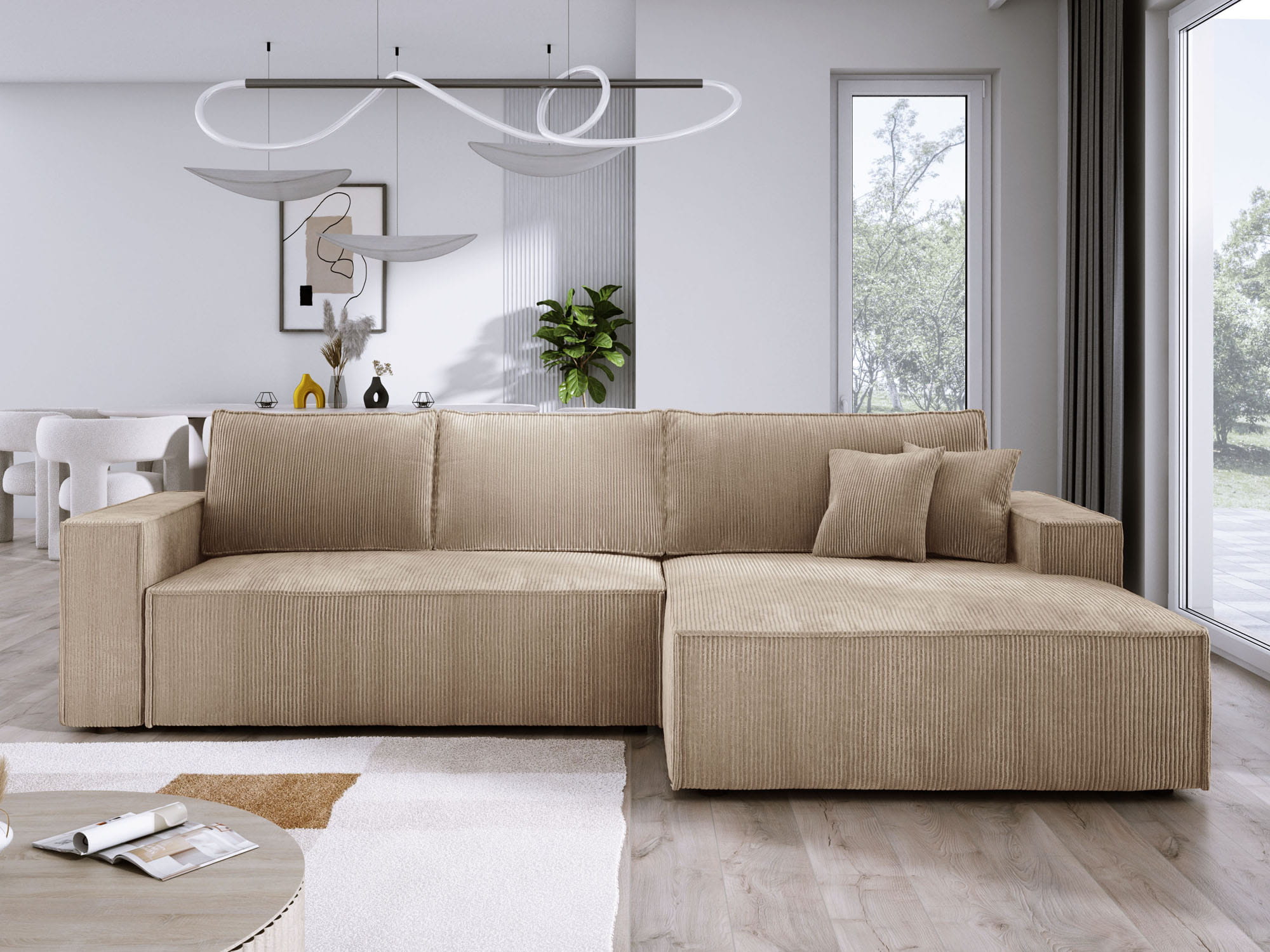 Beżowy narożnik do salonu sztruks COBRA S prawy front aranżacja