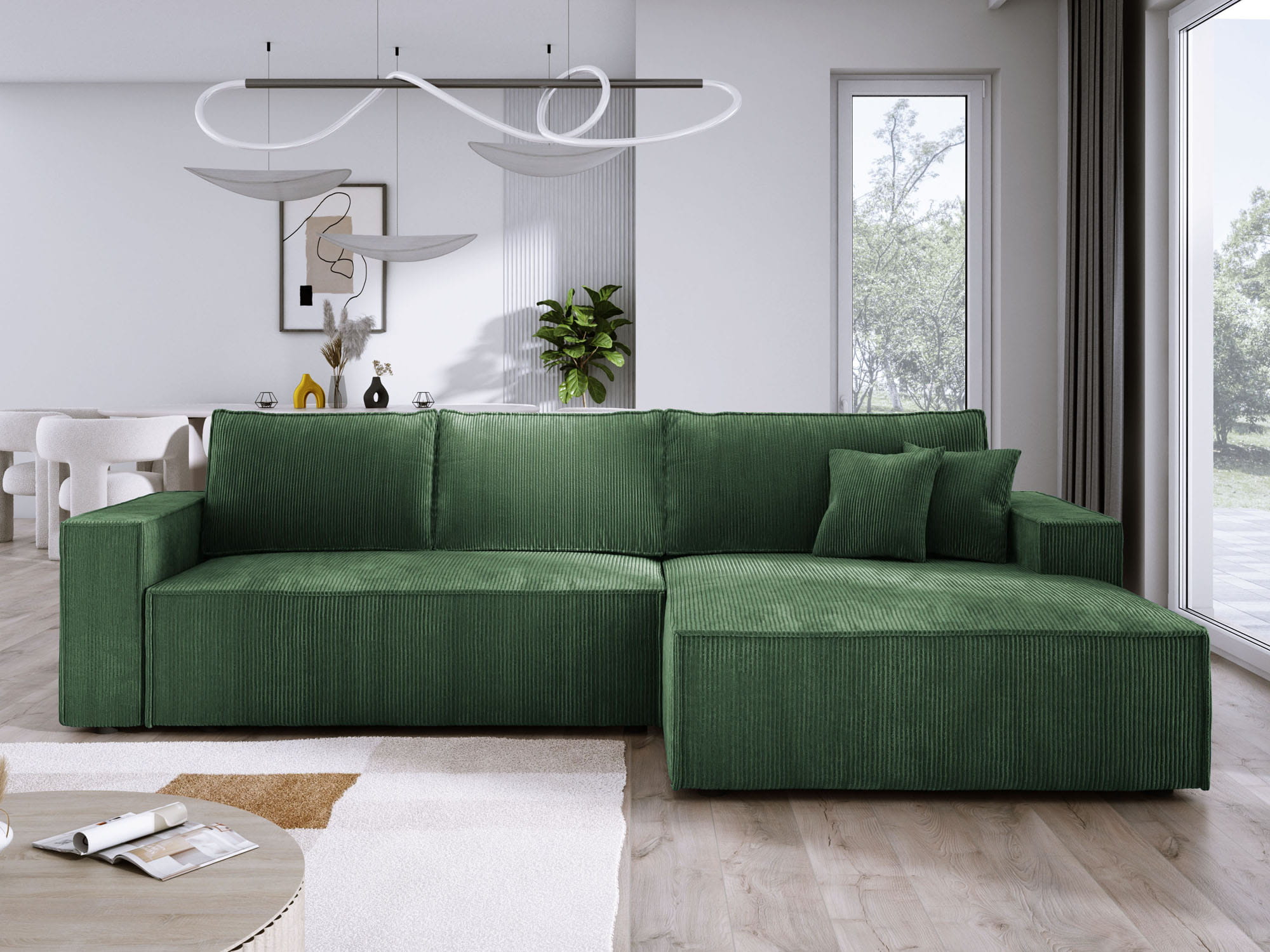 Kanapa rozkładana do salonu COBRA S butelkowa zieleń sztruks prawy aranżacja