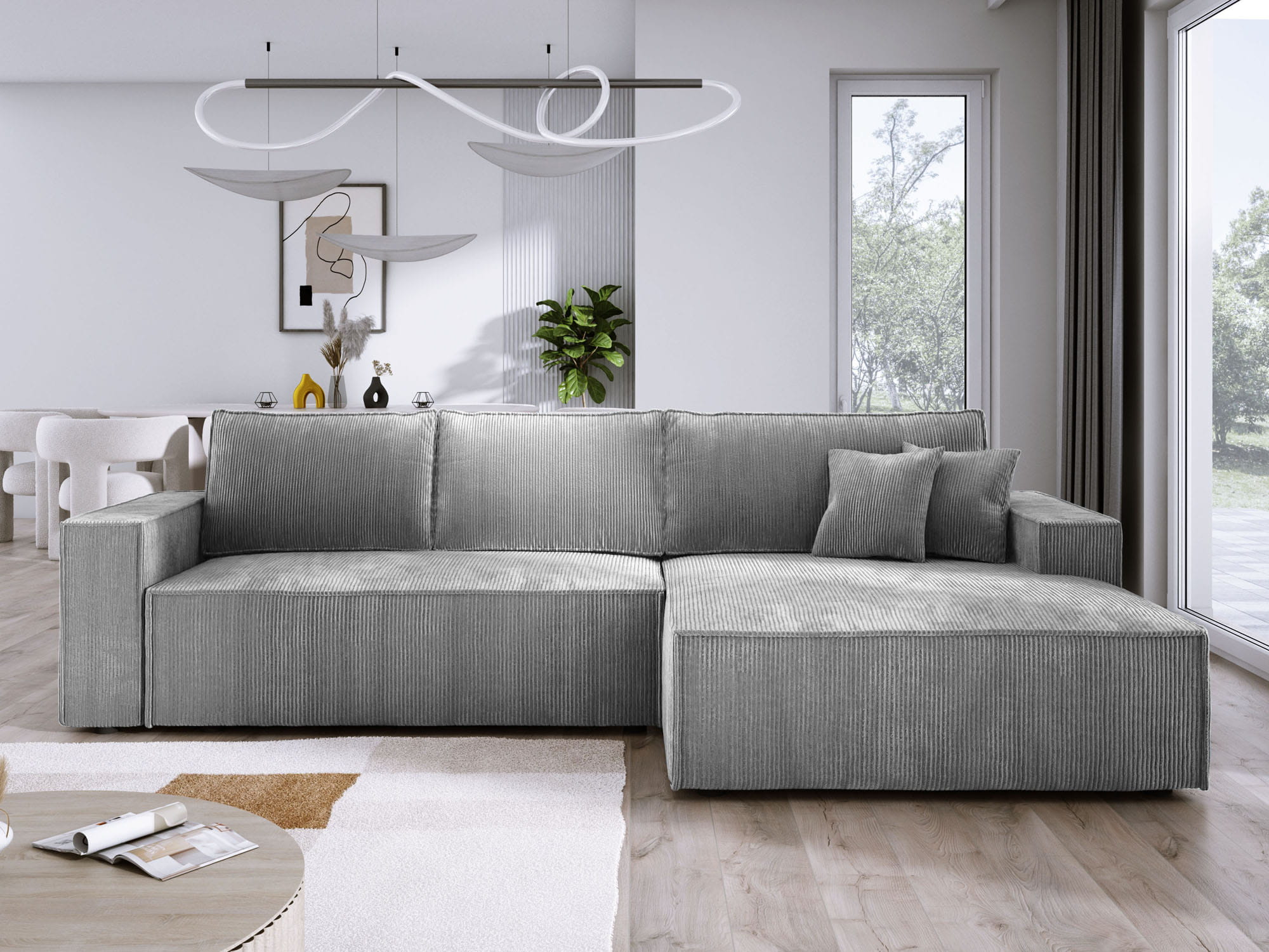 Jasnoszara kanapa narożna z poduszkami sztruks COBRA S prawa front aranżacja