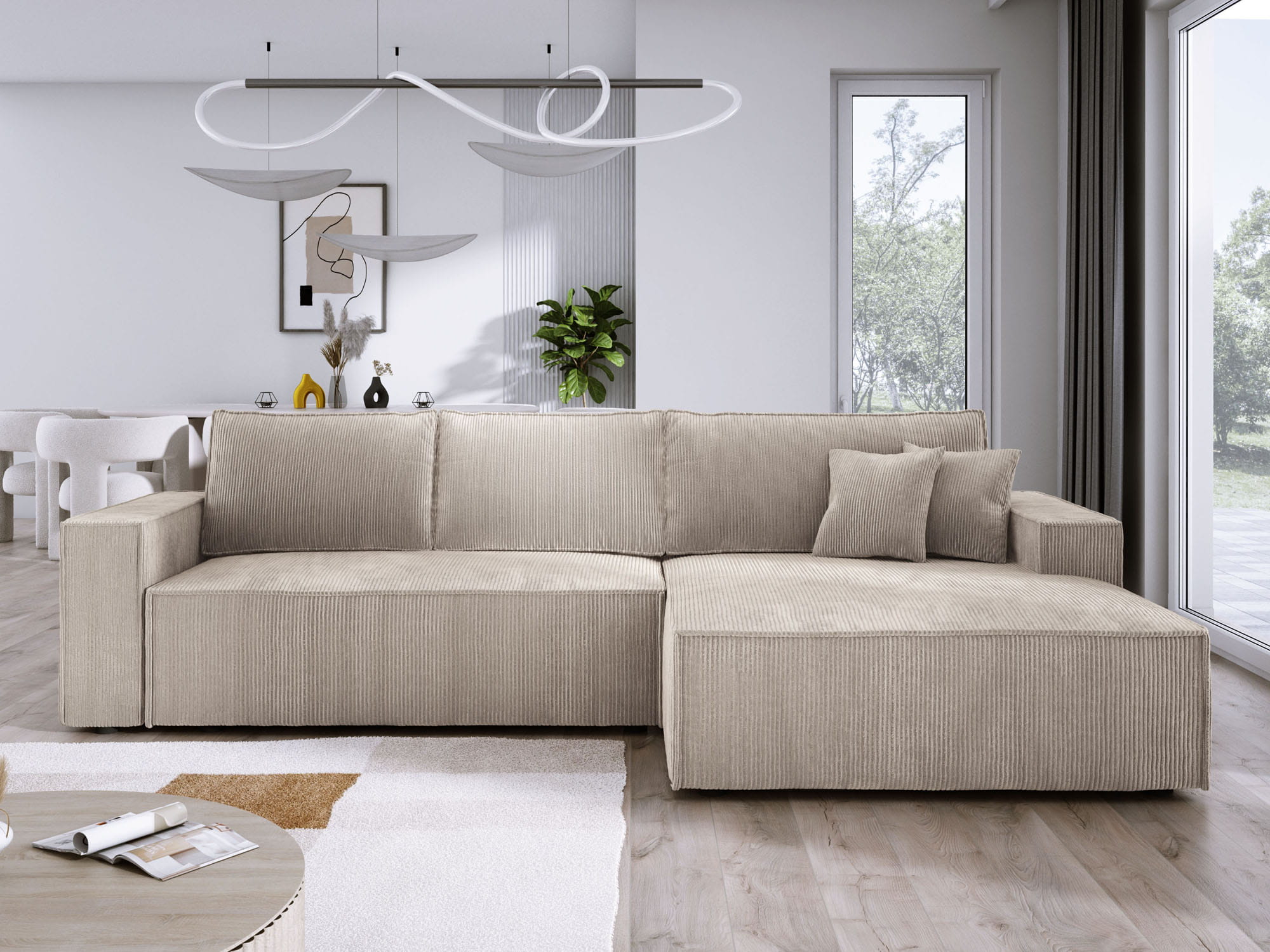 Kremowy narożnik do salonu kształt L COBRA S sztruks prawy front aranżacja