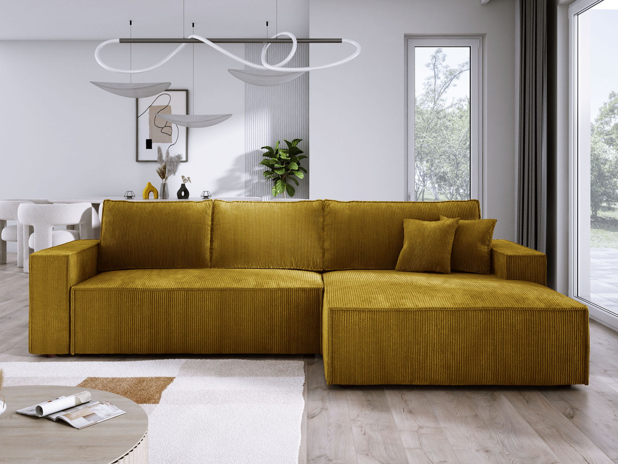 Musztardowy duży narożnik sztruksowy COBRA S z poduszkami prawy front