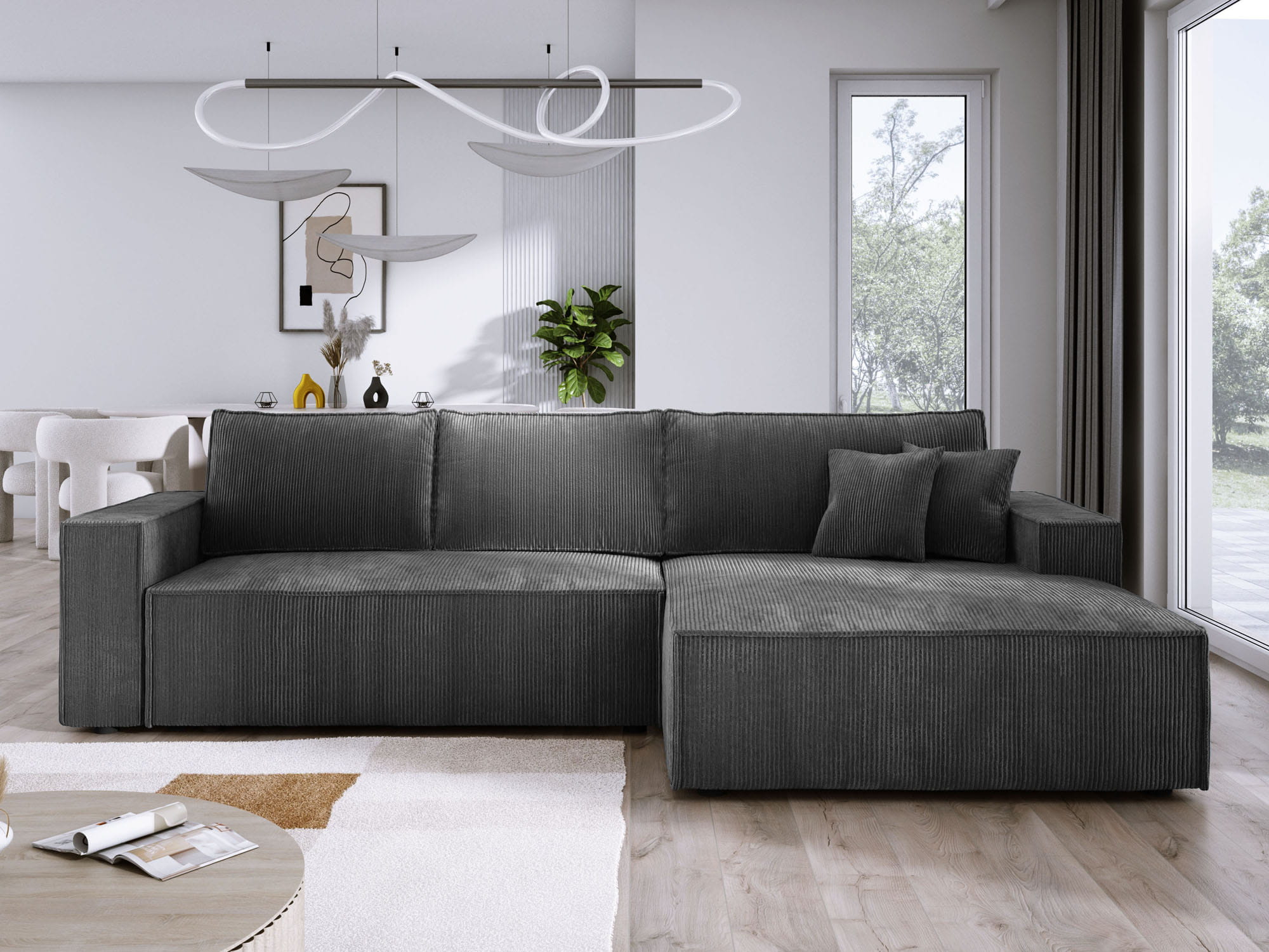 Szara kanapa narożna sztruksowa z poduszkami COBRA S prawa front aranżacja