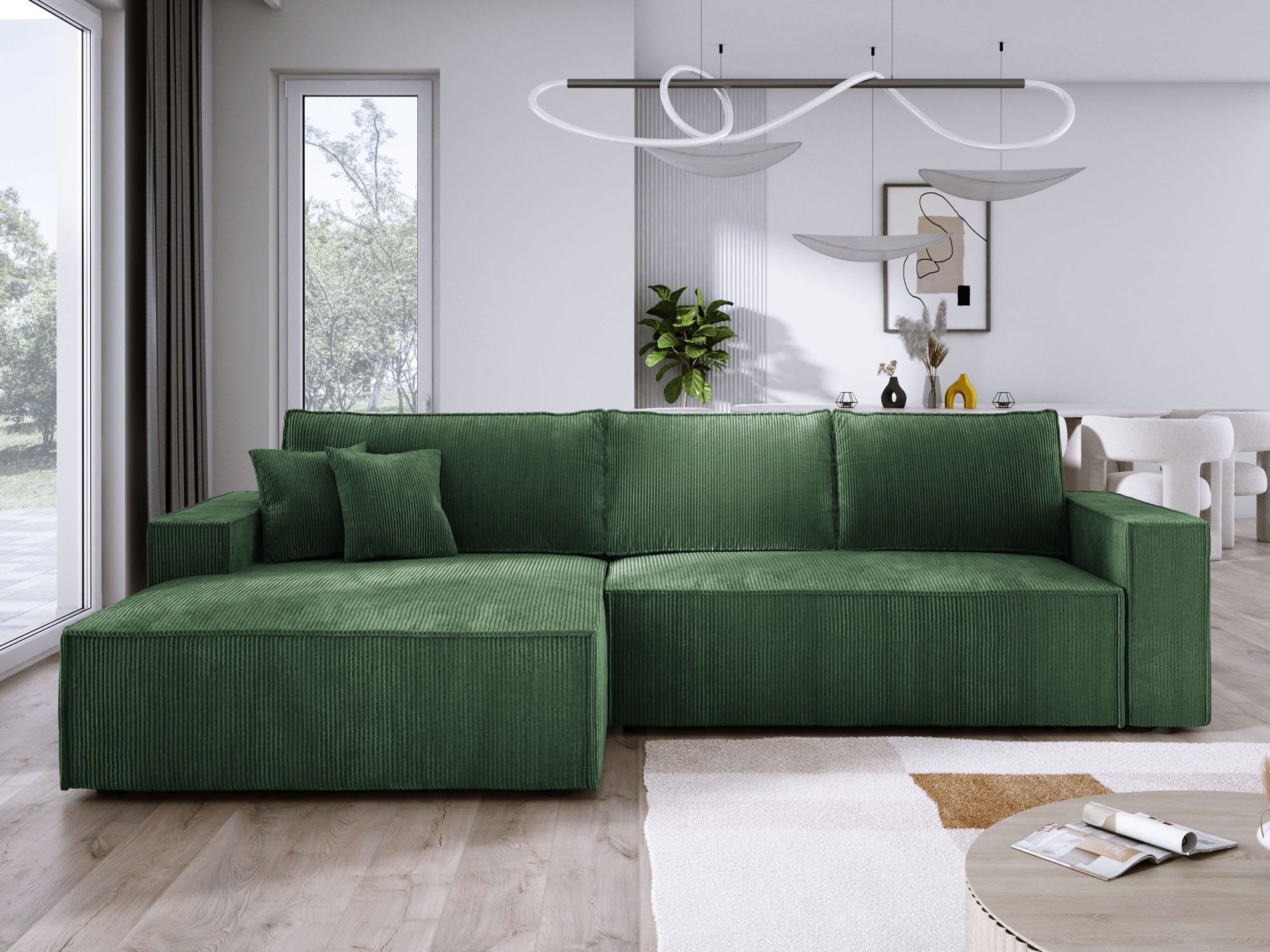 Zielona sztruksowa sofa narożna rozkładana COBRA S lewa POSO front aranżacja