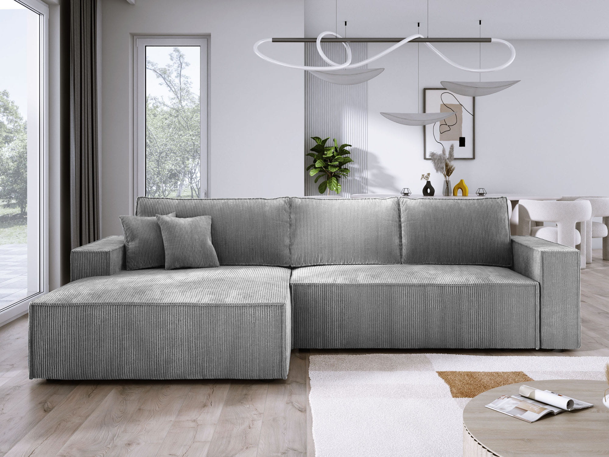 Sofa narożna L-kształtna jasnoszary sztruks COBRA S lewy z poduszkami front aranżacja