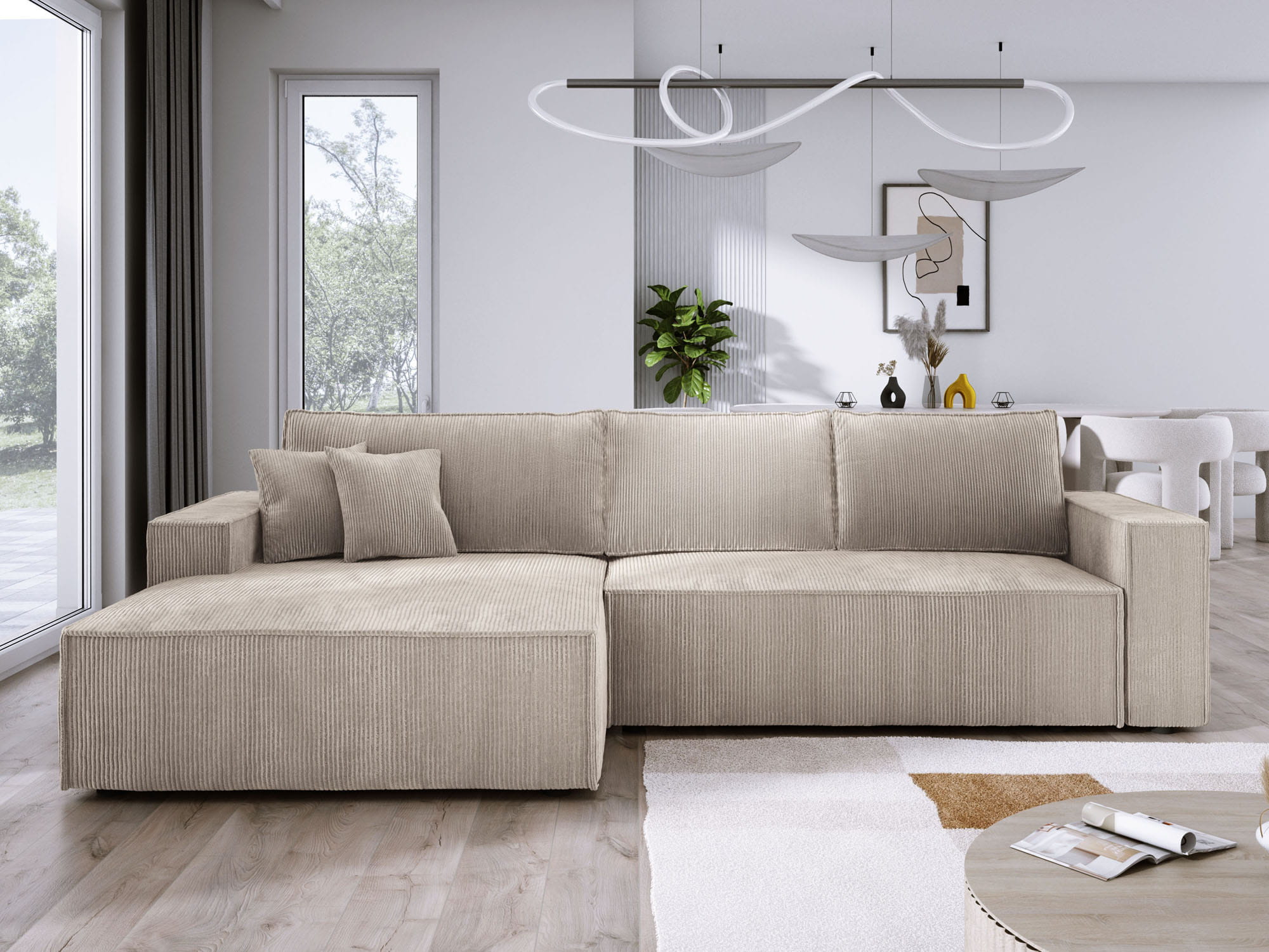 Kanapa narożnikowa do pokoju z funkcją spania COBRA S kremowy sztruks lewa aranżacja