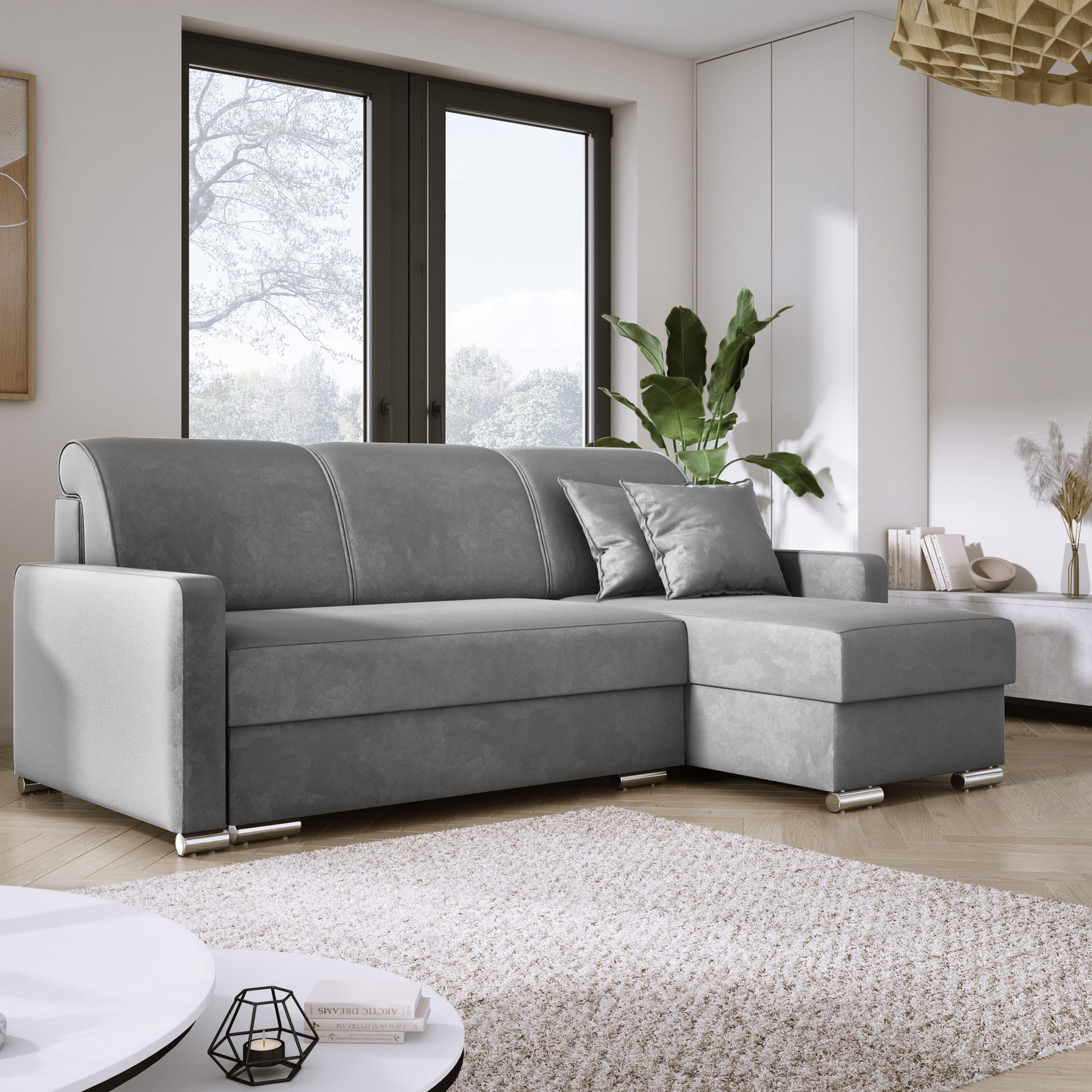 Jasnoszara mała kanapa narożna z poduszkami welur LUNA MINI aranżacja