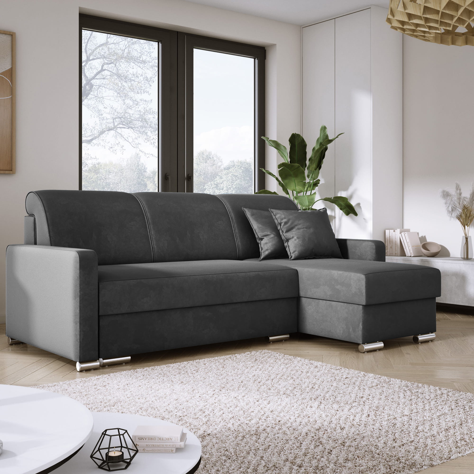 Mała szara sofa narożna LUNA MINI na sprężynach welur  aranżacja