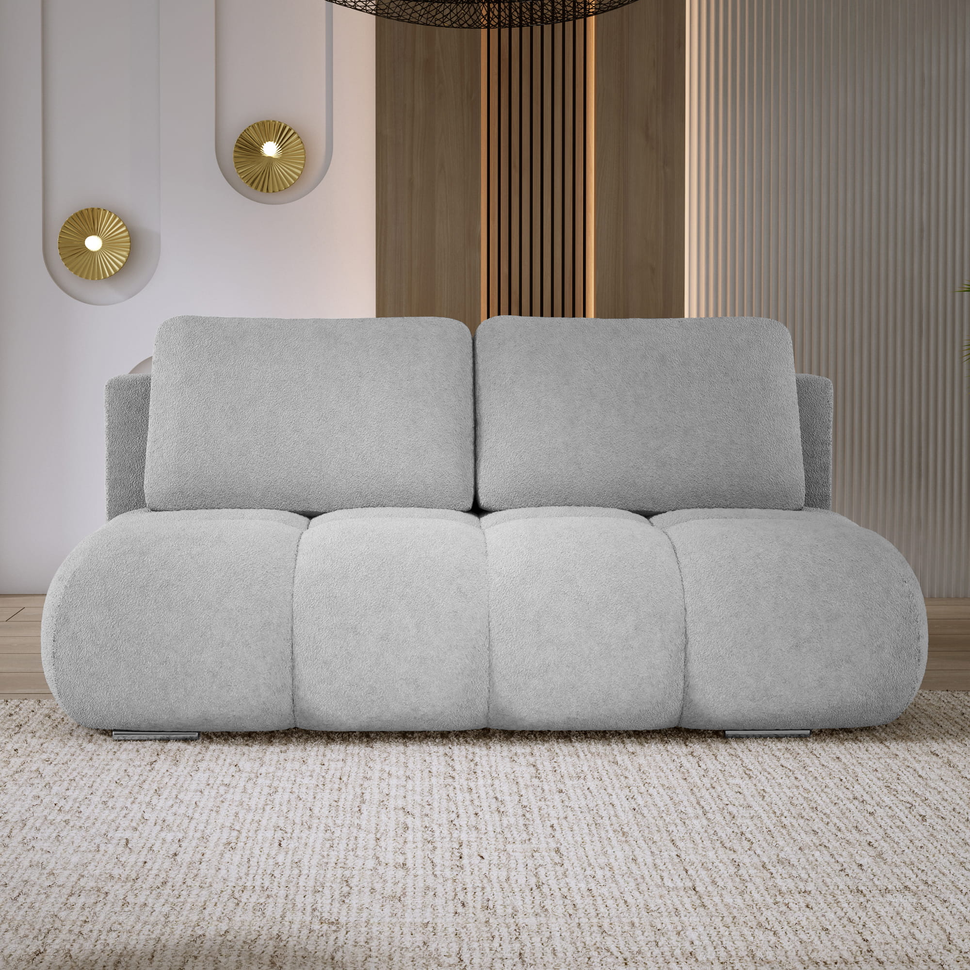 Jasnoszara sofa do salonu pikowana boucle MISTY front aranżacja