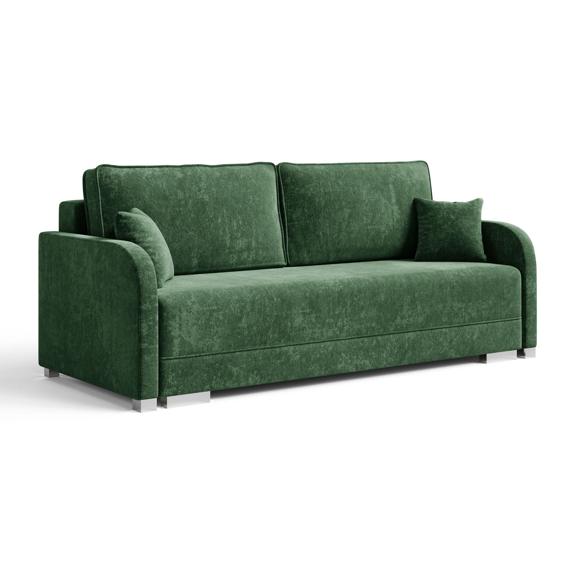 Zielona kanapa do salonu z poduszkami  GOJA szenil  białe tło