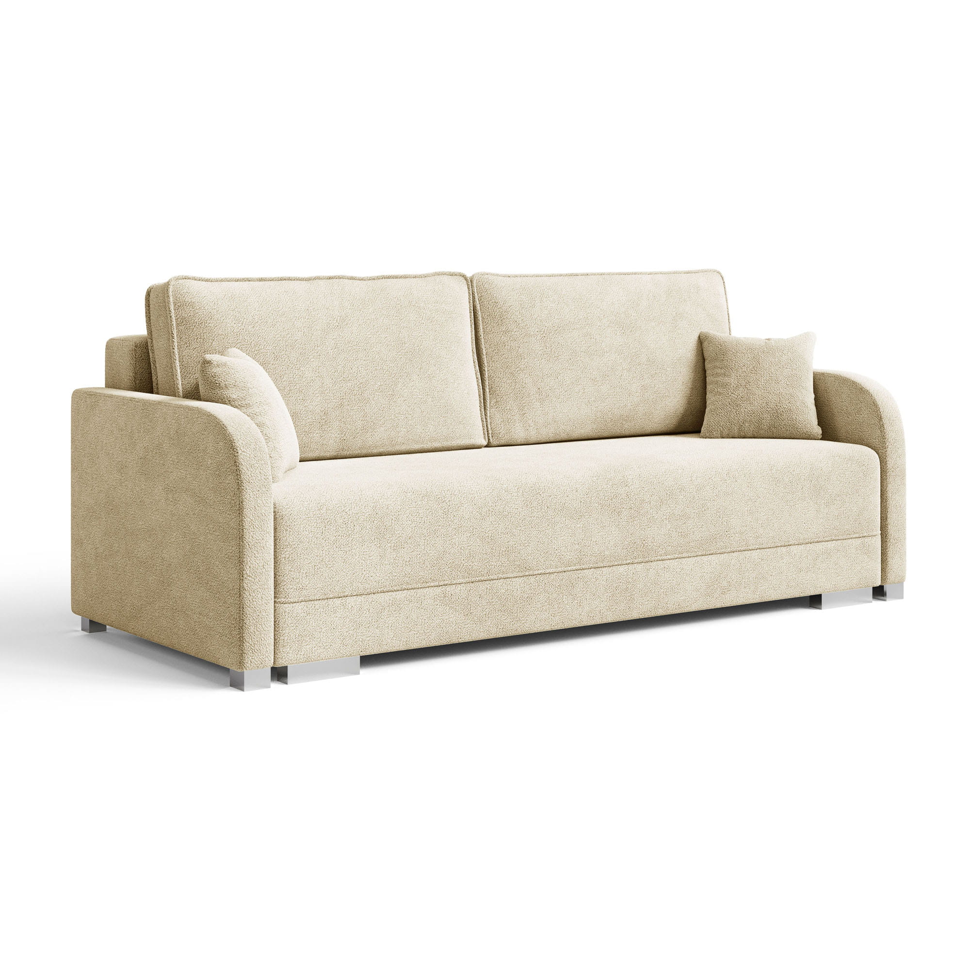 Jasnobeżowa sofa do salonu rozkładana z poduszkami GOJA boucle skos