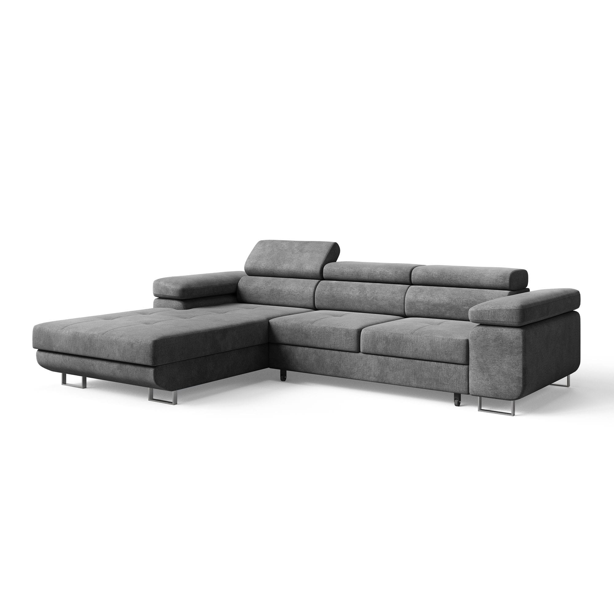 Szara kanapa narożna pikowana z zagłówkami ADRIANO welur lewa skos