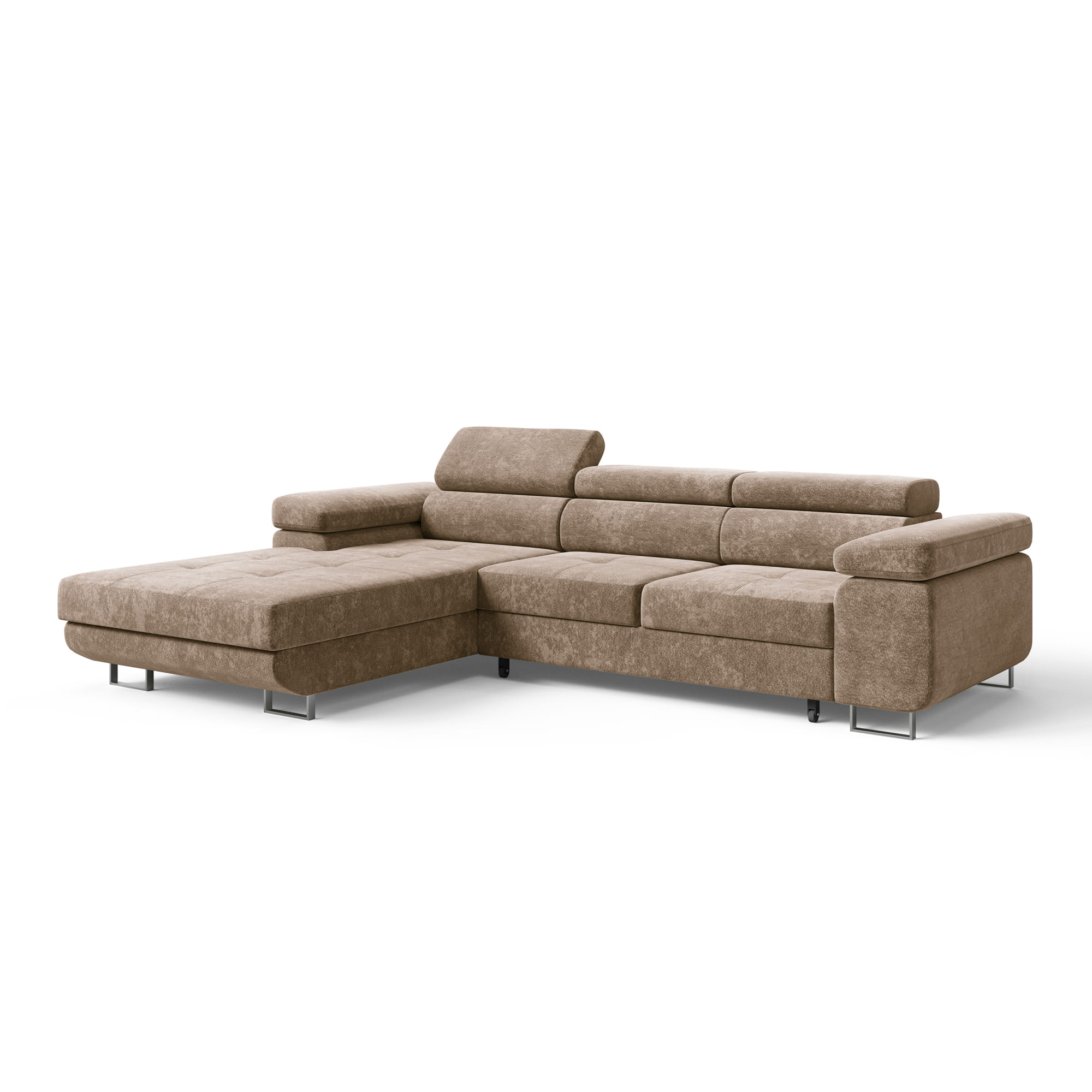 Szarobrązowa sofa narożna z zagłówkami na nóżkach ADRIANO szenil lewa skos