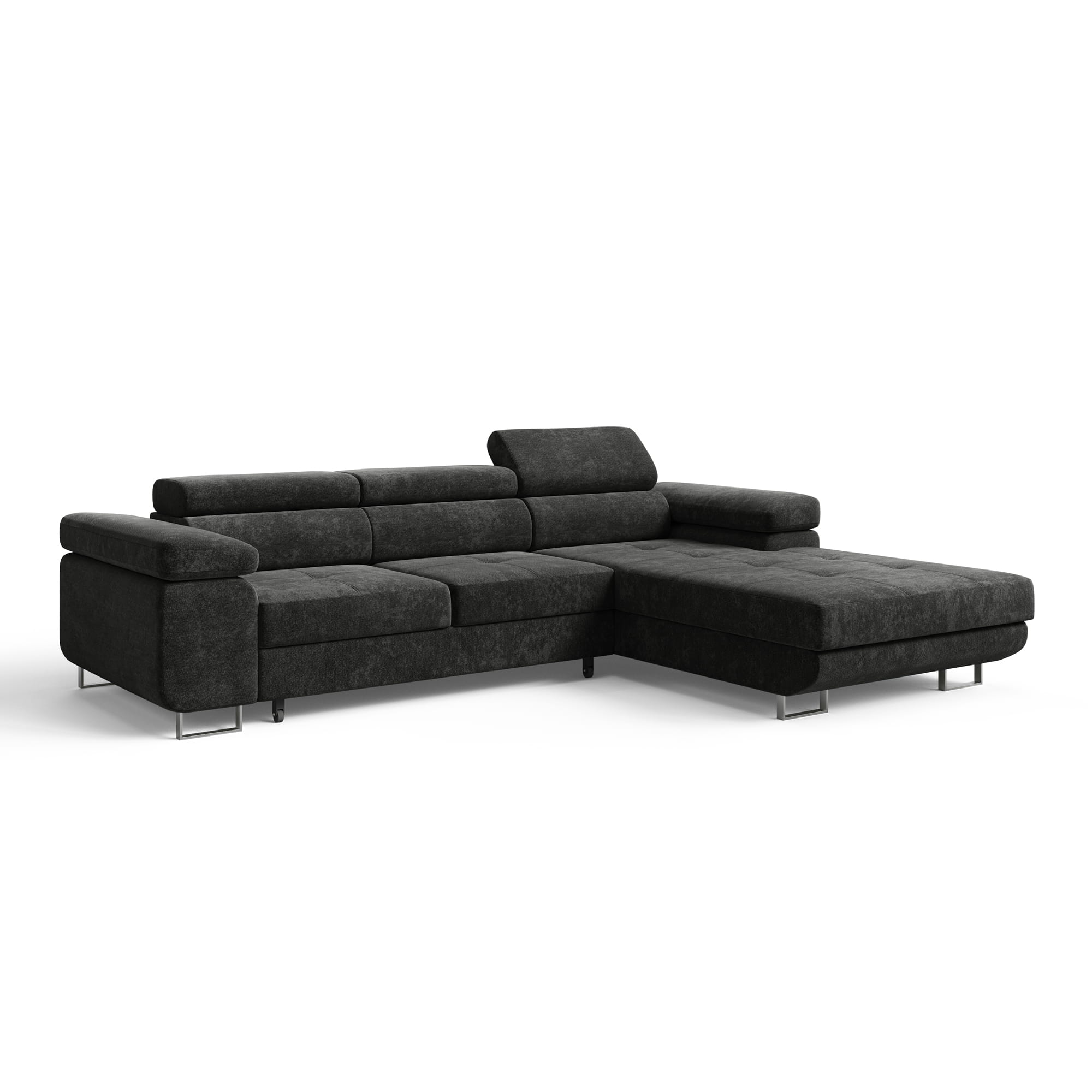 Czarna sofa narożna z zagłówkami ADRIANO pikowana szenil prawa skos