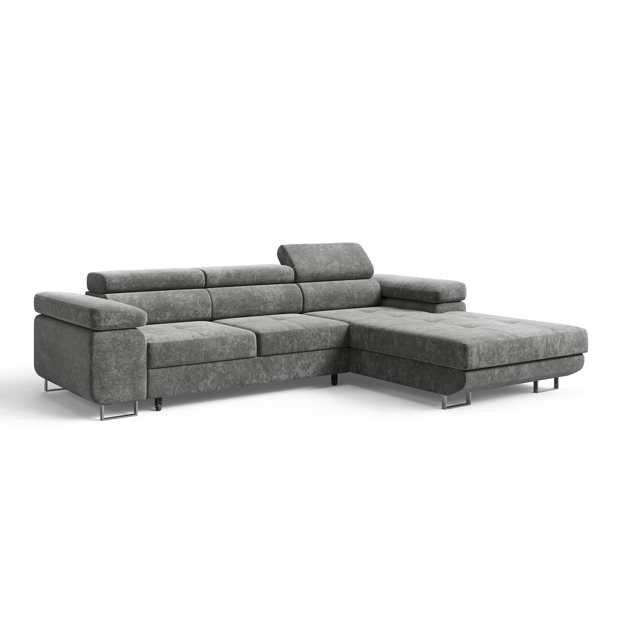 Szara sofa narożna rozkładana z zagłówkami ADRIANO szenil prawa skos