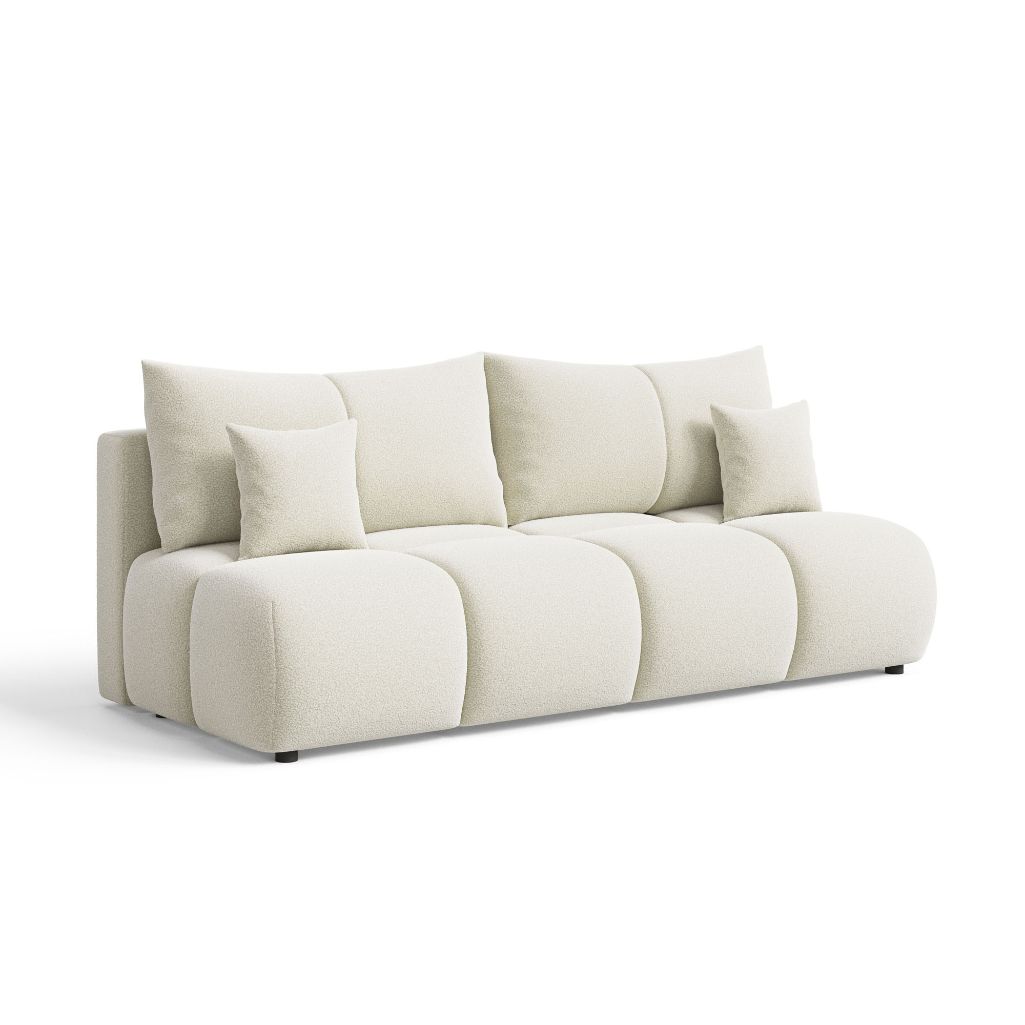 Biała sofa pikowana z czterema poduszkami boucle VOLARE skos