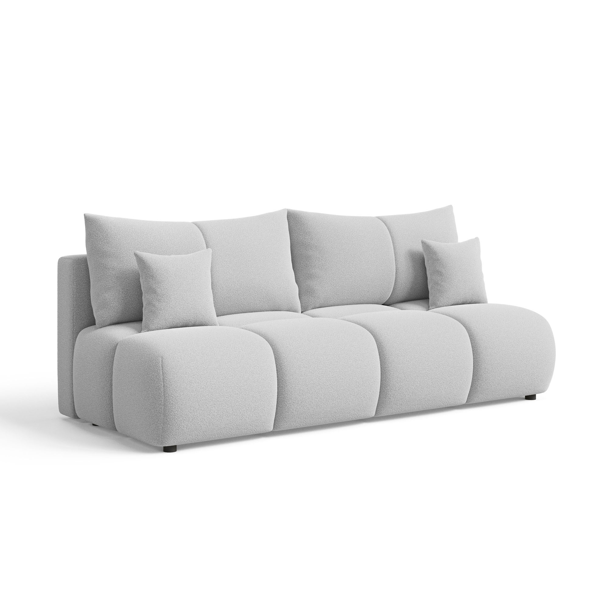 Jasnoszara sofa trzyosobowa z poduszkami pikowana boucle VOLARE skos